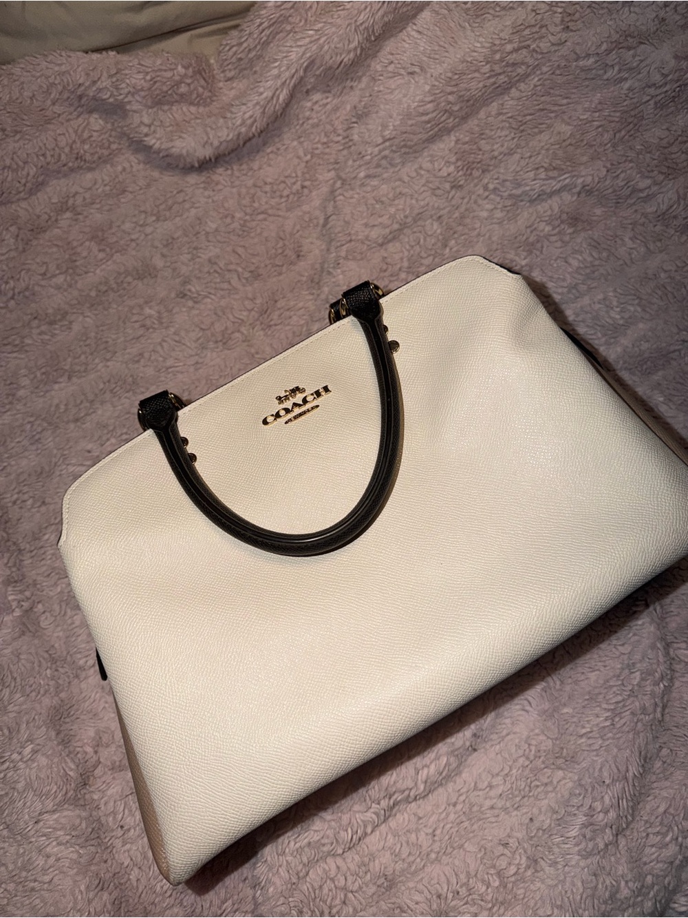 Coach White Leather Dome Satchel with Black Handles and Gold Logo